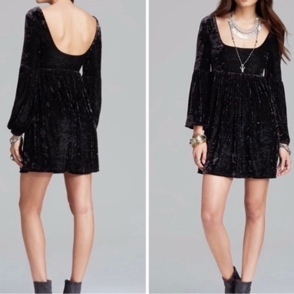 Free People Oh so Easy Black Velvet Babydoll mini Dress Long Sleeve Size Small - Picture 9 of 9